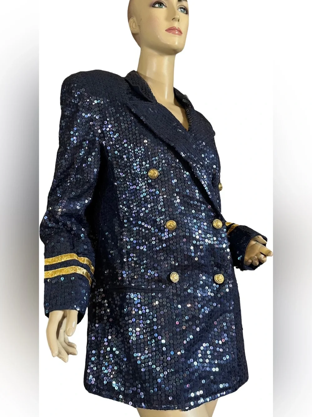 VINTAGE 1980'S LEW MAGRAM BLUE & GOLD NAUTICAL THEME SEQUIN BLAZER (L)